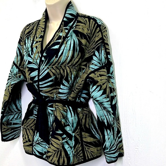 H&M - Tropical Black & Green Quilted Tie Waist Open Long Sleeve Cardigan Size 6 - Picture 5 of 10